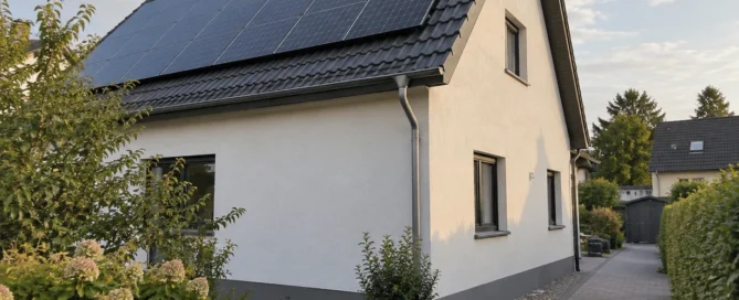Illustration eines Hauses mit Photovoltaikanlage und seitlichem Zugangsweg